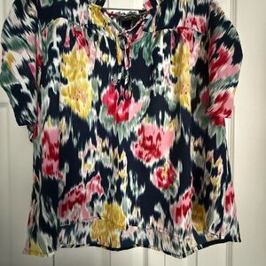 Women's Navy Floral Tie-Neck Blouse - Multi